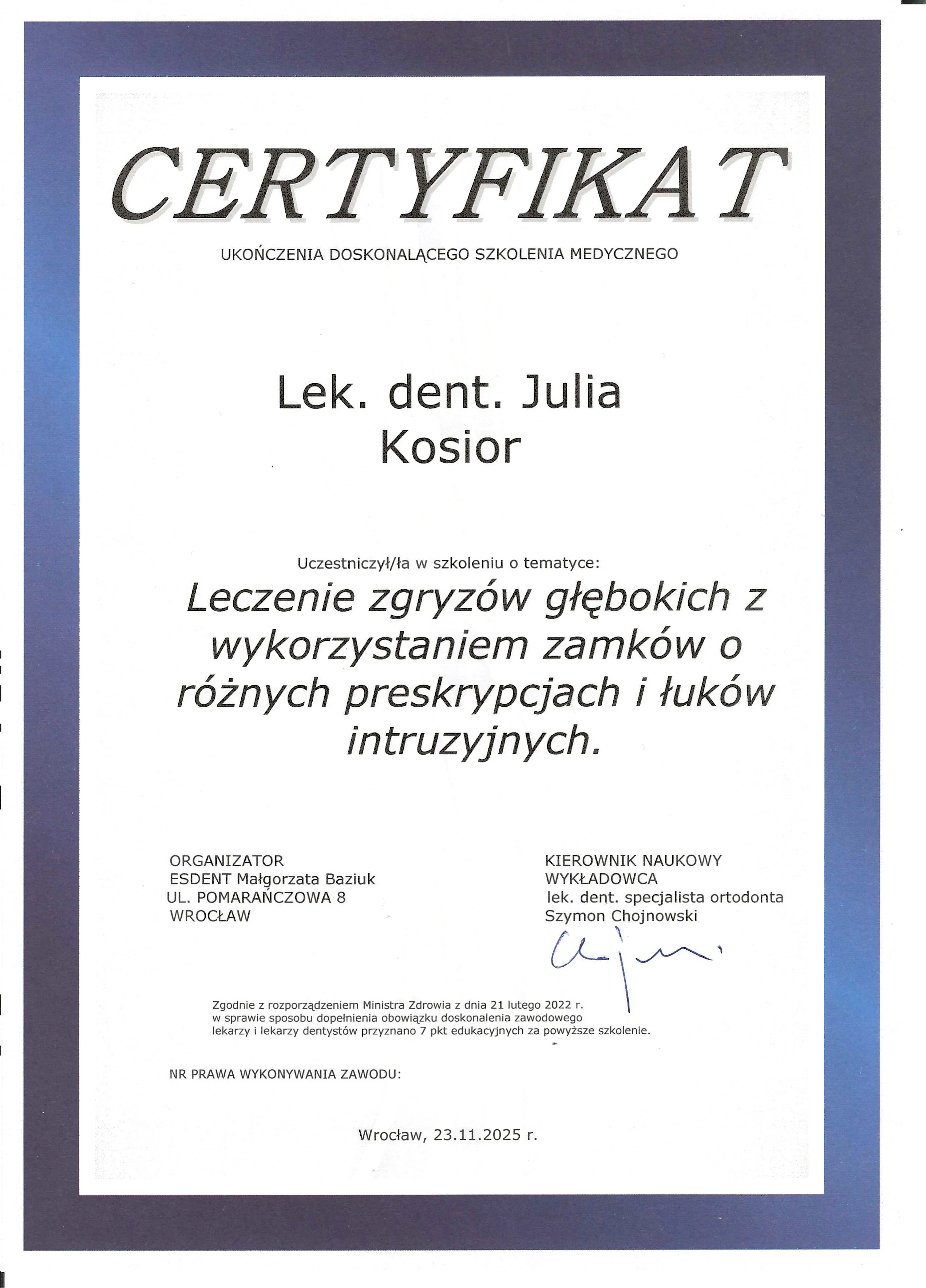 Certyfikat Ortodoncja - Julia Kosior